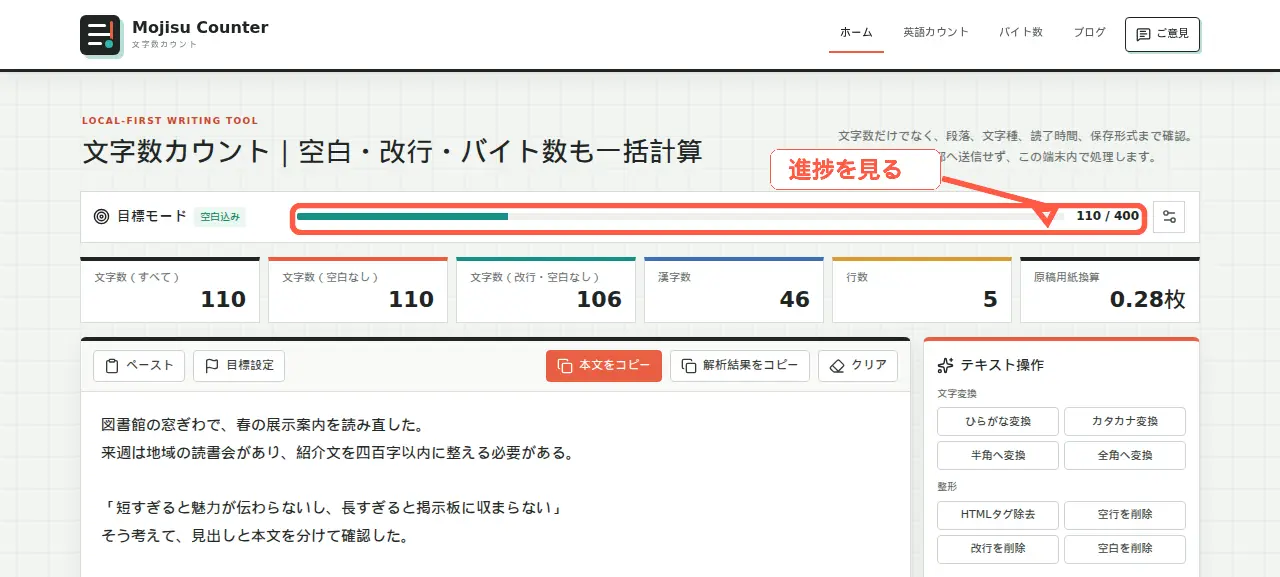 400字目標に対して110文字入力済みの進捗バーを珊瑚色の枠と矢印で示した画面